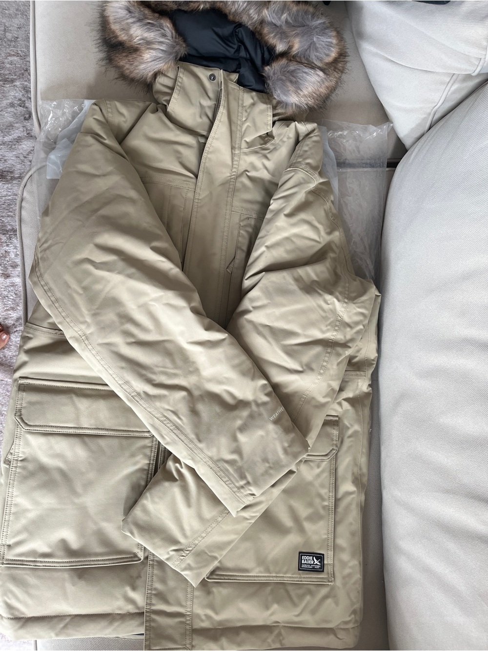 Edie Bauer Men's Down Hooded Parka in Beige with Faux-Fur Trim NEW NEVER WORN